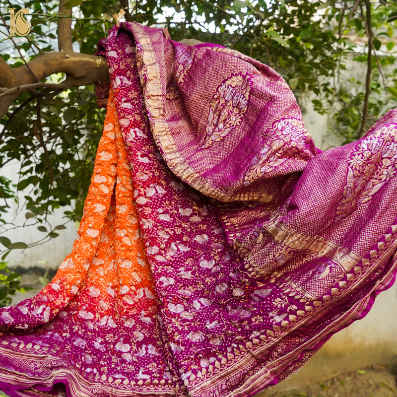 Purple & Orange Georgette Handloom Bandhani Banarasi Birds Dupatta - Khinkhwab