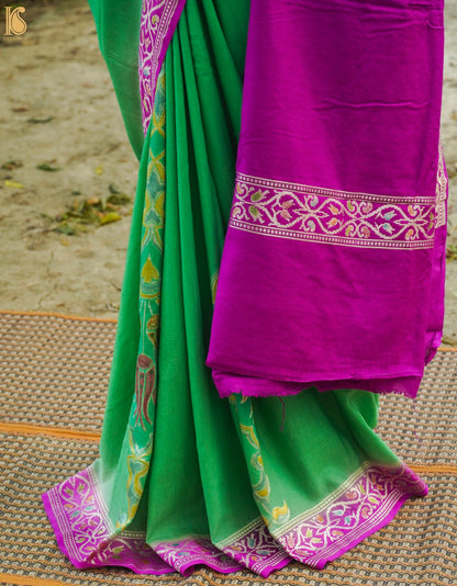 Chateau Green &amp; Purple Pure Moonga Silk Handloom Banarasi Saree - Khinkhwab