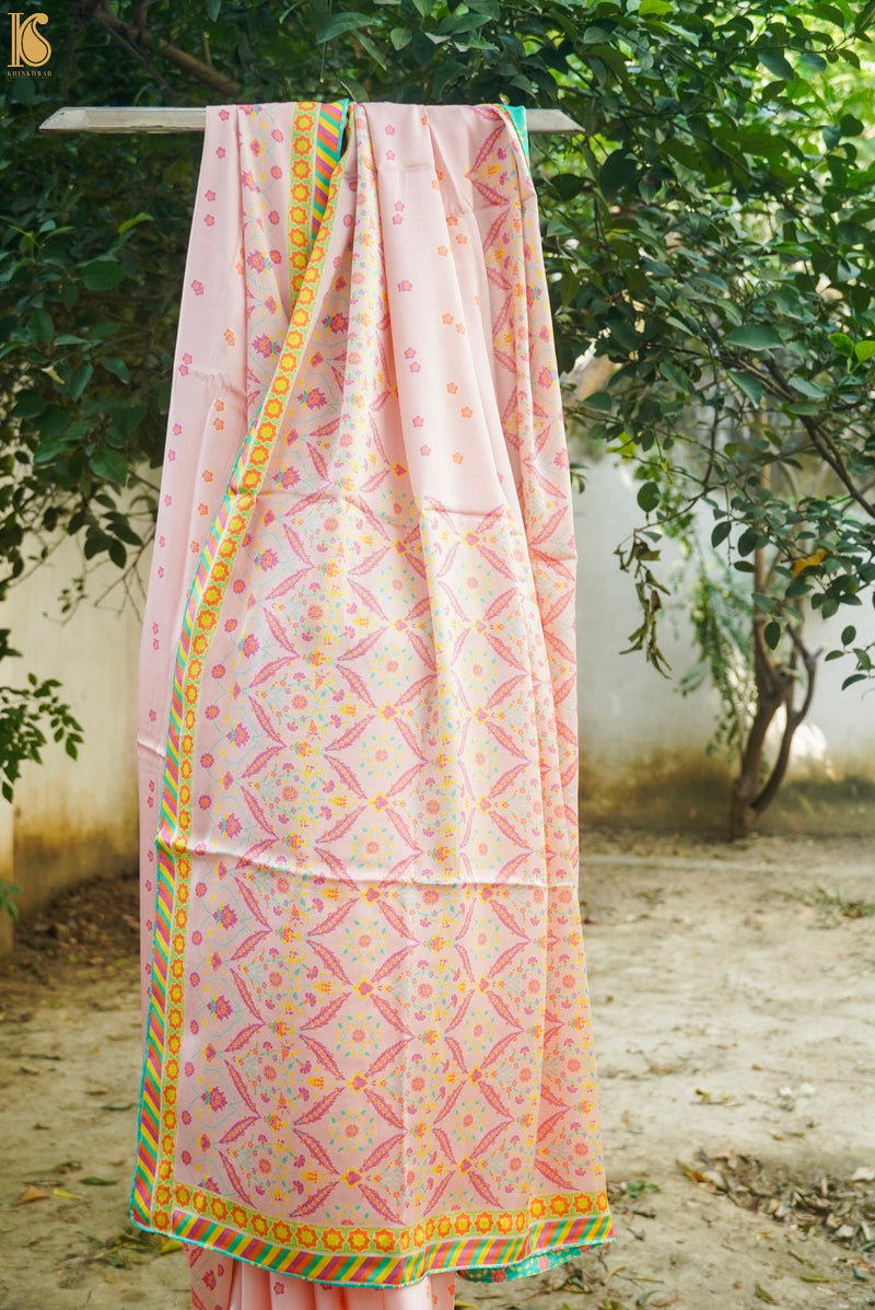 NERGİS -Azalea Pink Pure Sateen Silk Print Saree - Khinkhwab