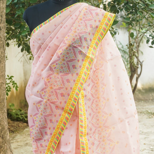 NERGİS - Carousel Pink Pure Organza Print Saree - Khinkhwab