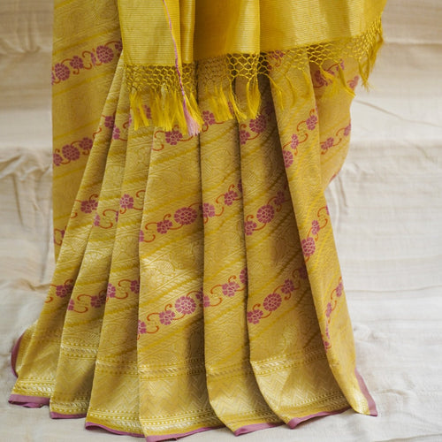 Mustard Yellow Pure Katan Silk Handloom Banarasi Leheriya Saree - Khinkhwab