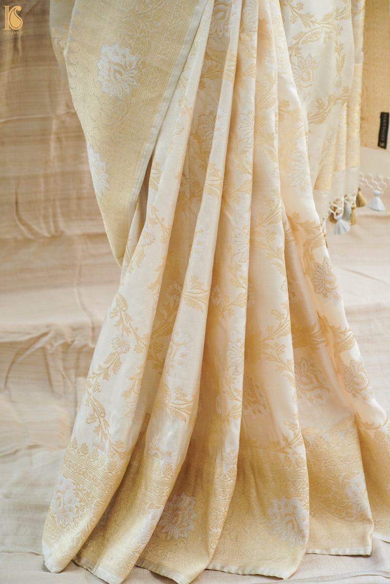 Spindle Grey Handloom Pure Tissue by Silk Off White Banarasi Saree - Khinkhwab