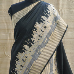 Black Handwoven Pure Katan Silk Banaras Ghaat Saree - Khinkhwab