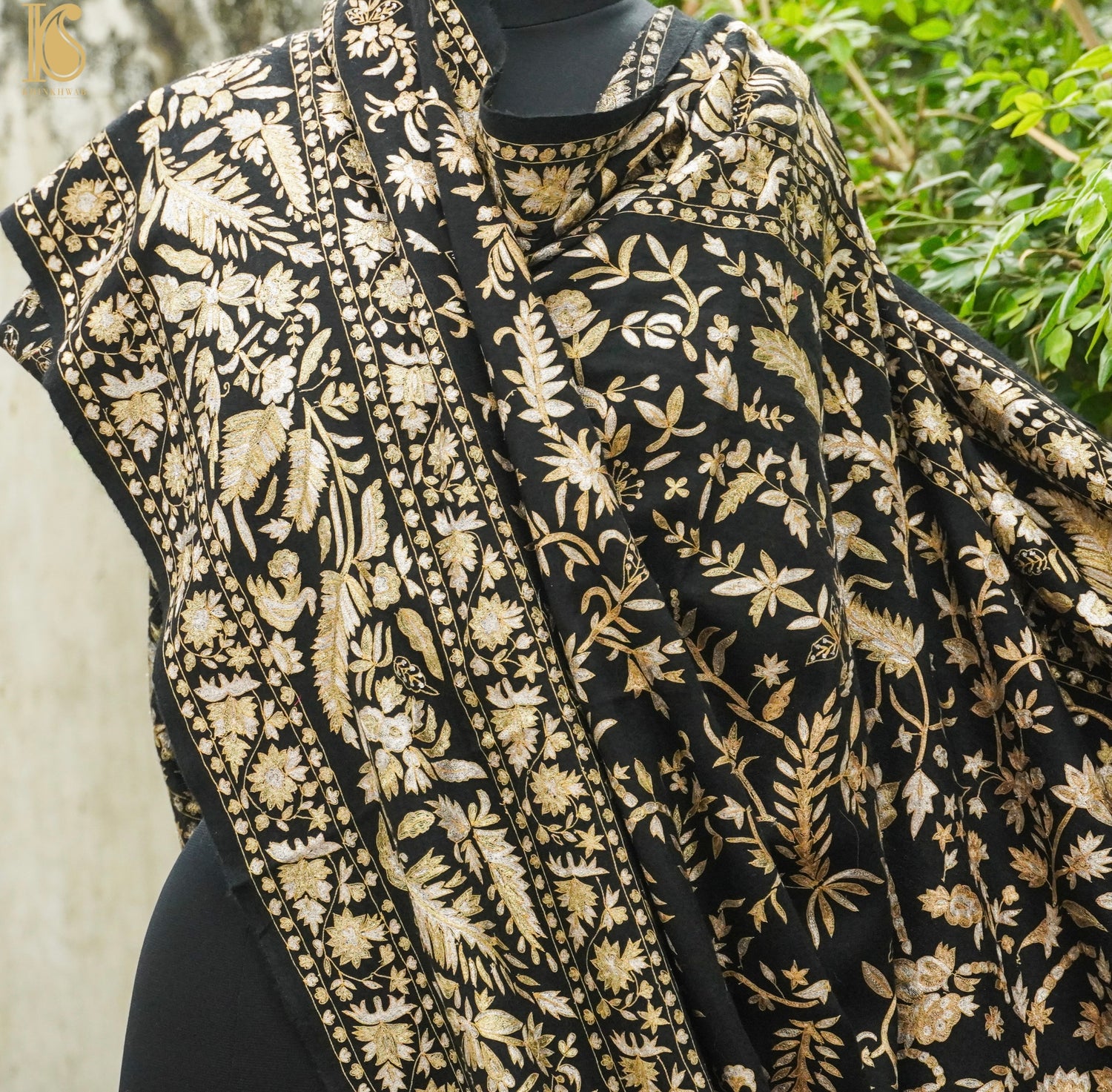 Black Pure Pashmina Handwoven Tilla Embriodery Kashmiri Shawl - Khinkhwab