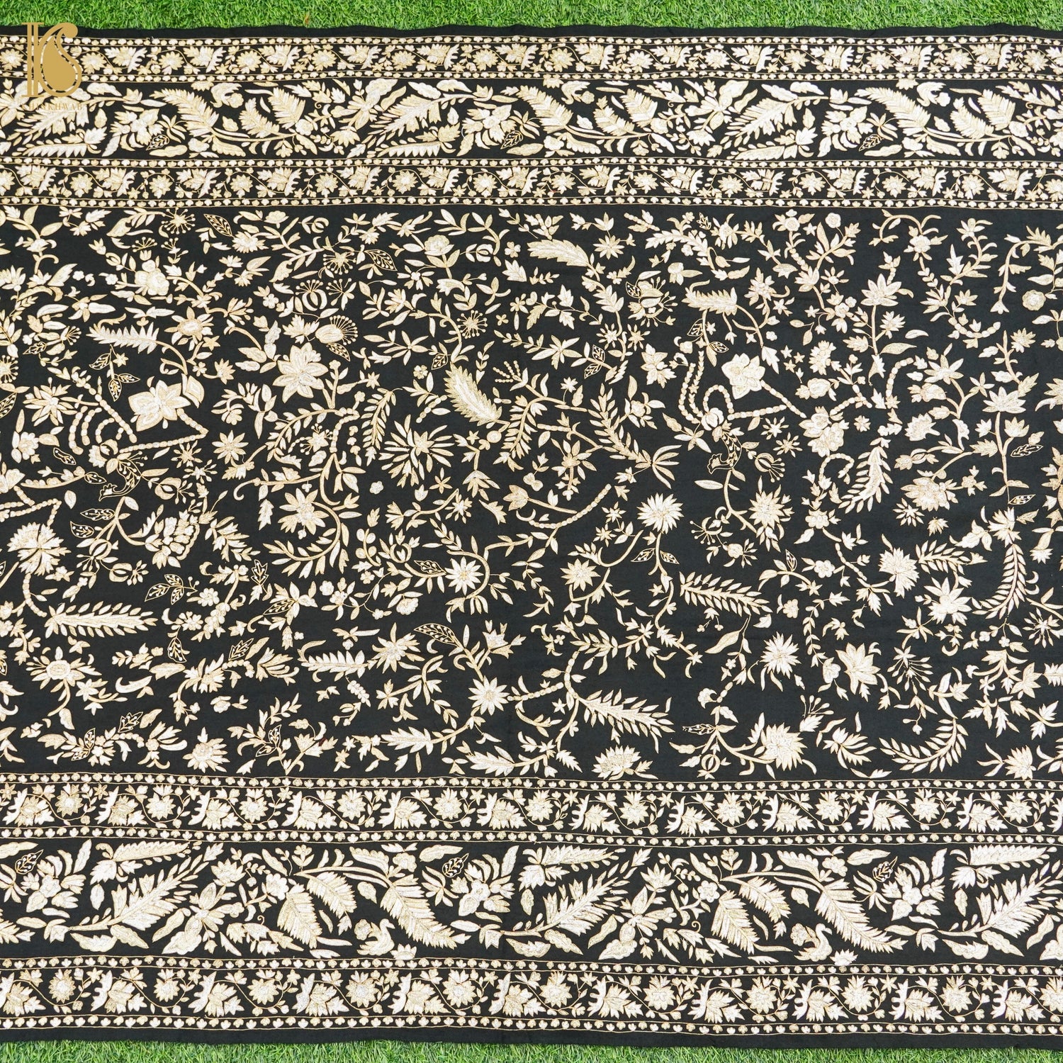 Black Pure Pashmina Handwoven Tilla Embriodery Kashmiri Shawl - Khinkhwab