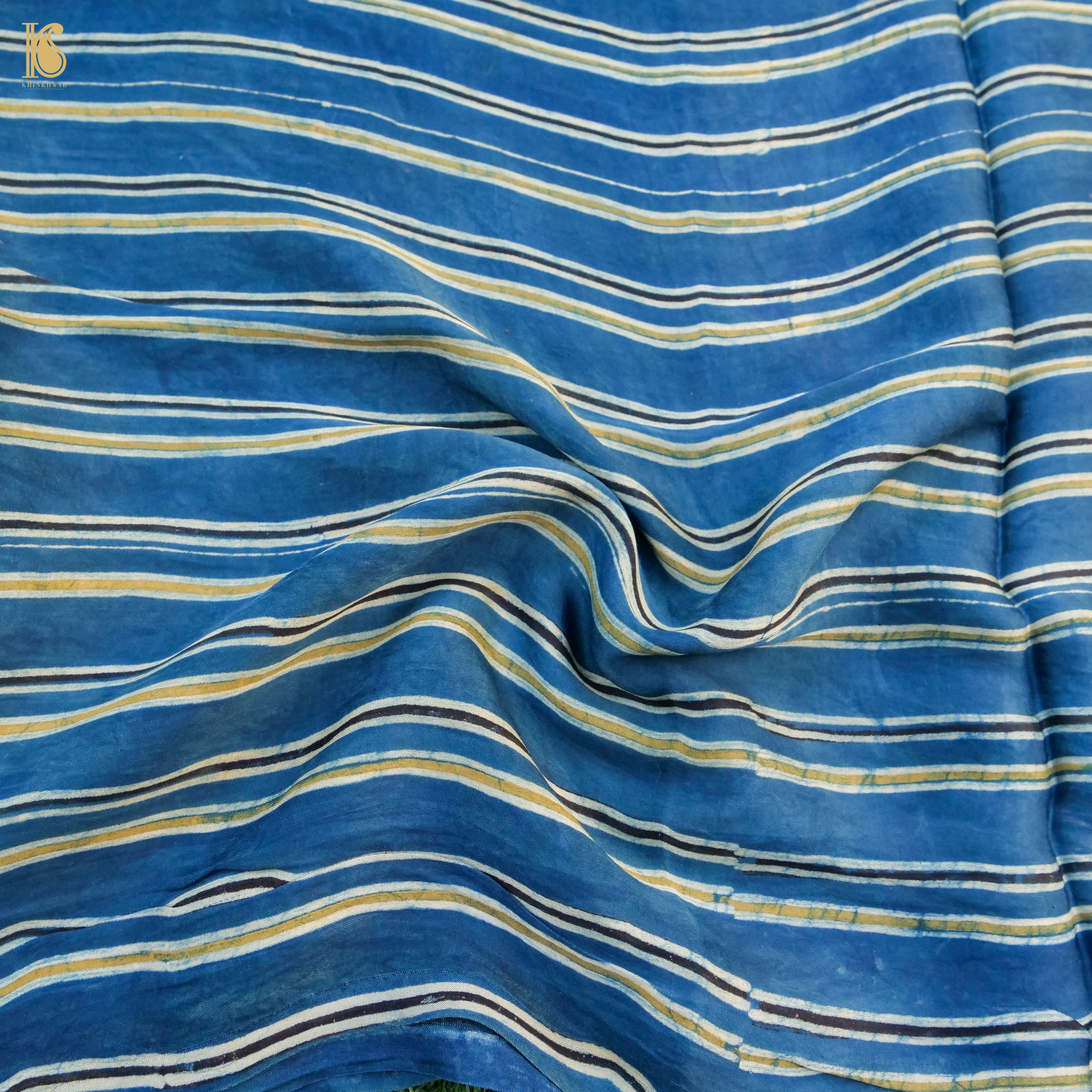 Blue Hand Block Ajrakh Modal Silk Fabric - Khinkhwab