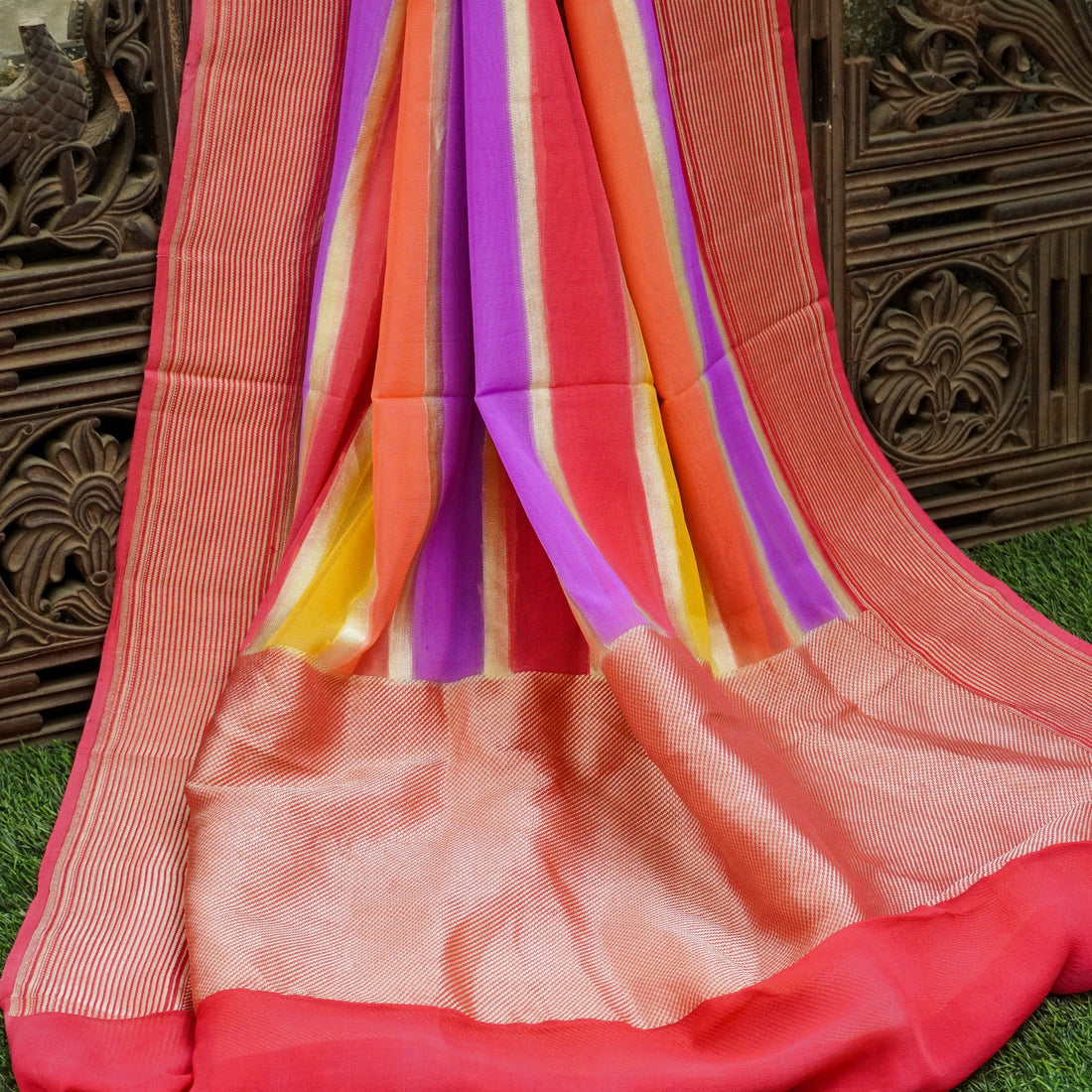 Brick Red Pure Georgette Handloom Banarasi Stripes Dupatta - Khinkhwab