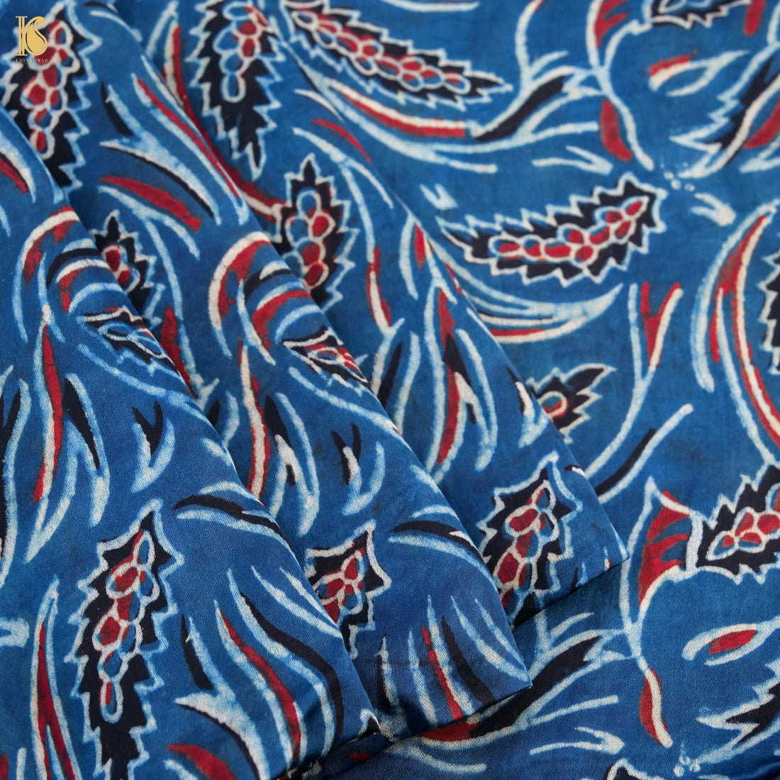 Blue Hand Block Ajrakh Modal Silk Fabric - Khinkhwab