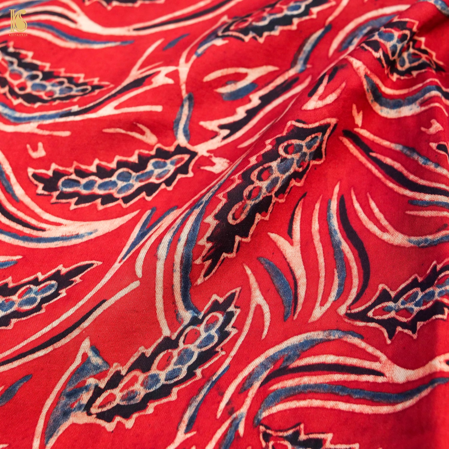 Red Hand Block Ajrakh Modal Silk Fabric - Khinkhwab