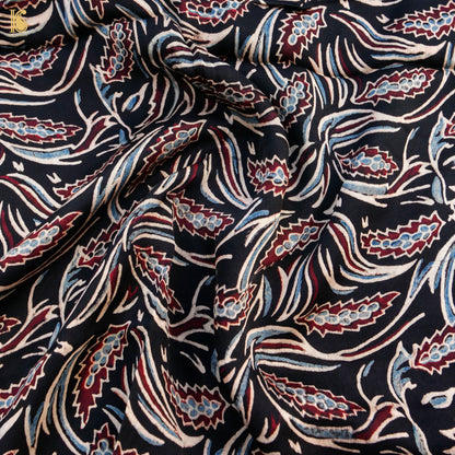 Black Hand Block Ajrakh Modal Silk Fabric - Khinkhwab
