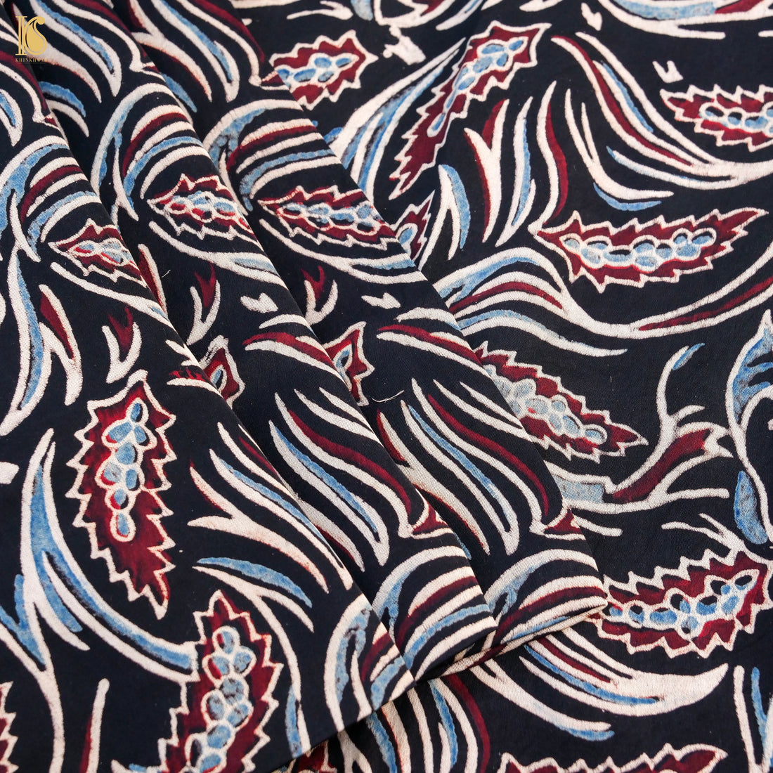 Black Hand Block Ajrakh Modal Silk Fabric - Khinkhwab