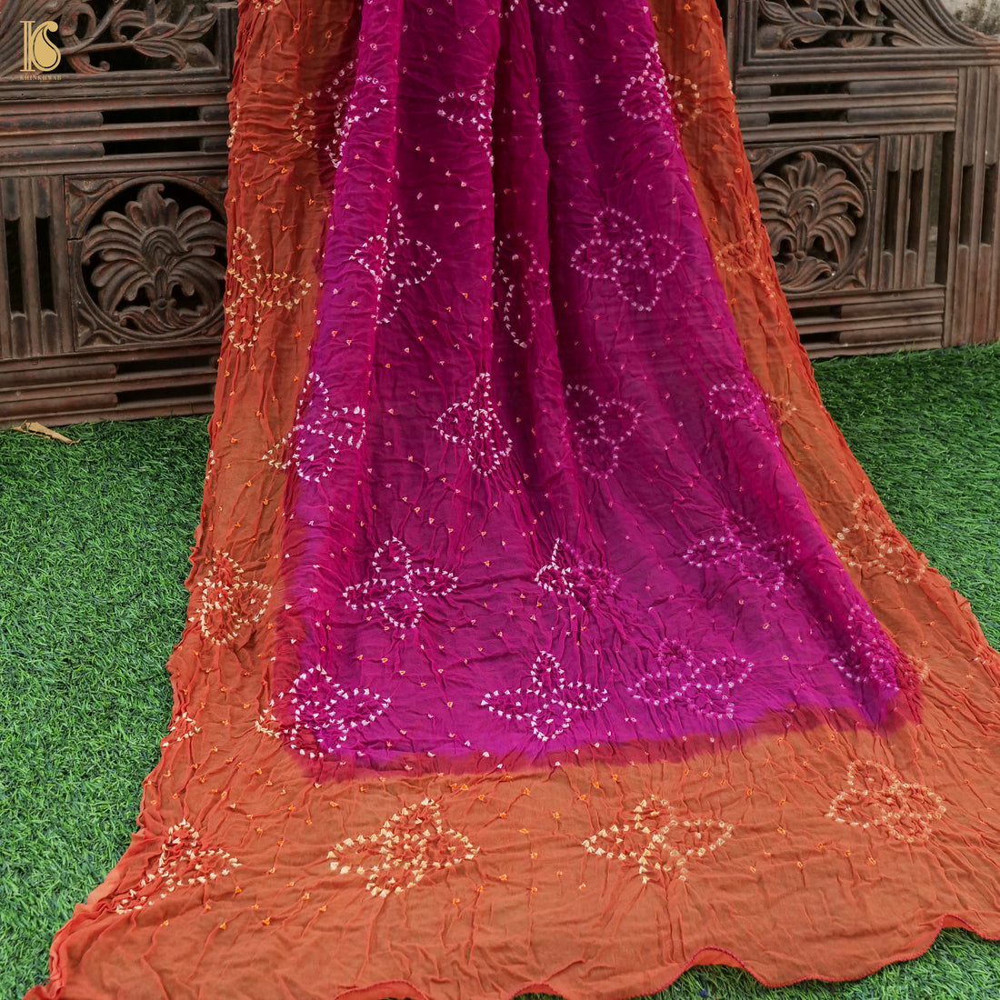 Purple &amp; Orange Pure Georgette Bandhani Stole - Khinkhwab