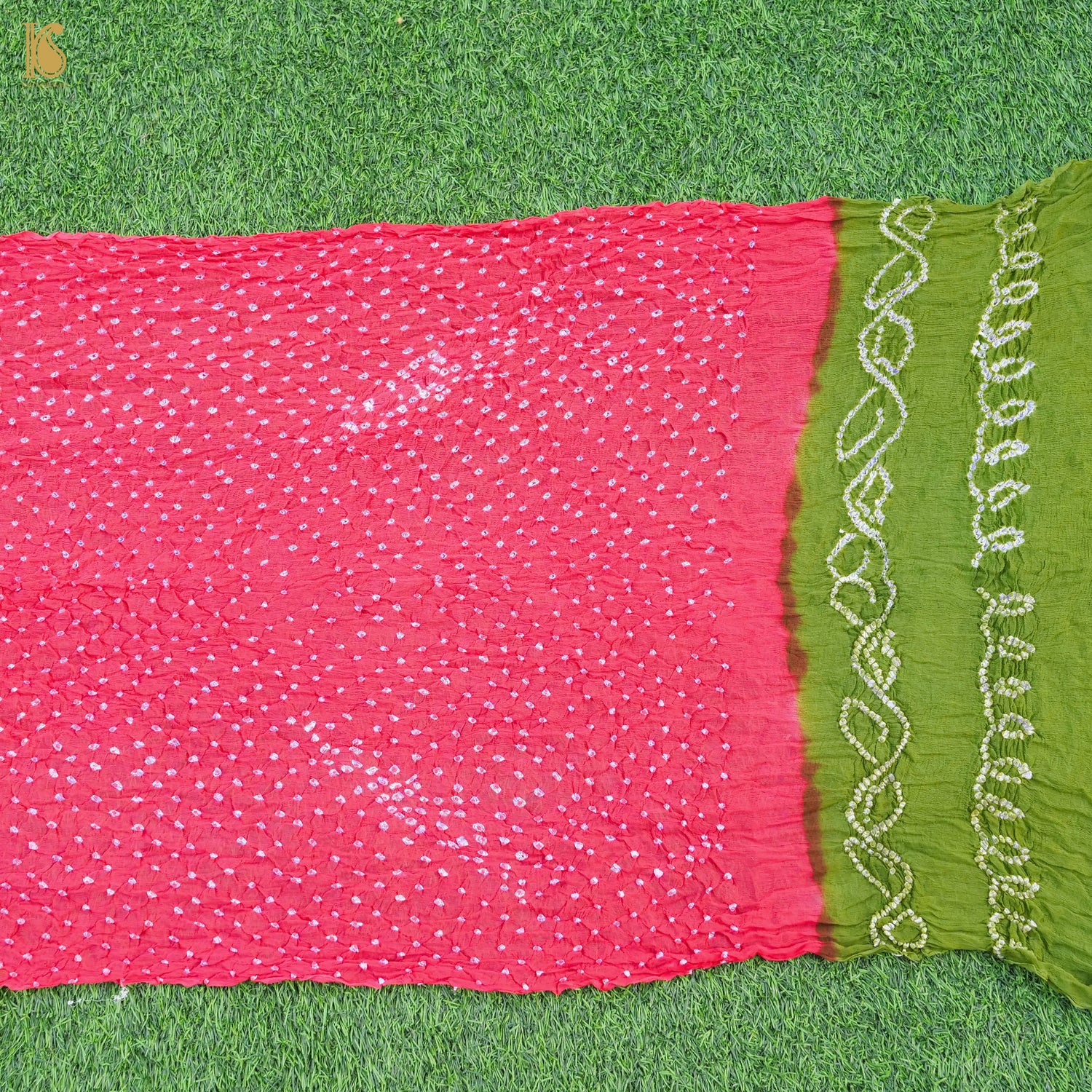 Pink &amp; Green Pure Georgette Bandhani Stole - Khinkhwab
