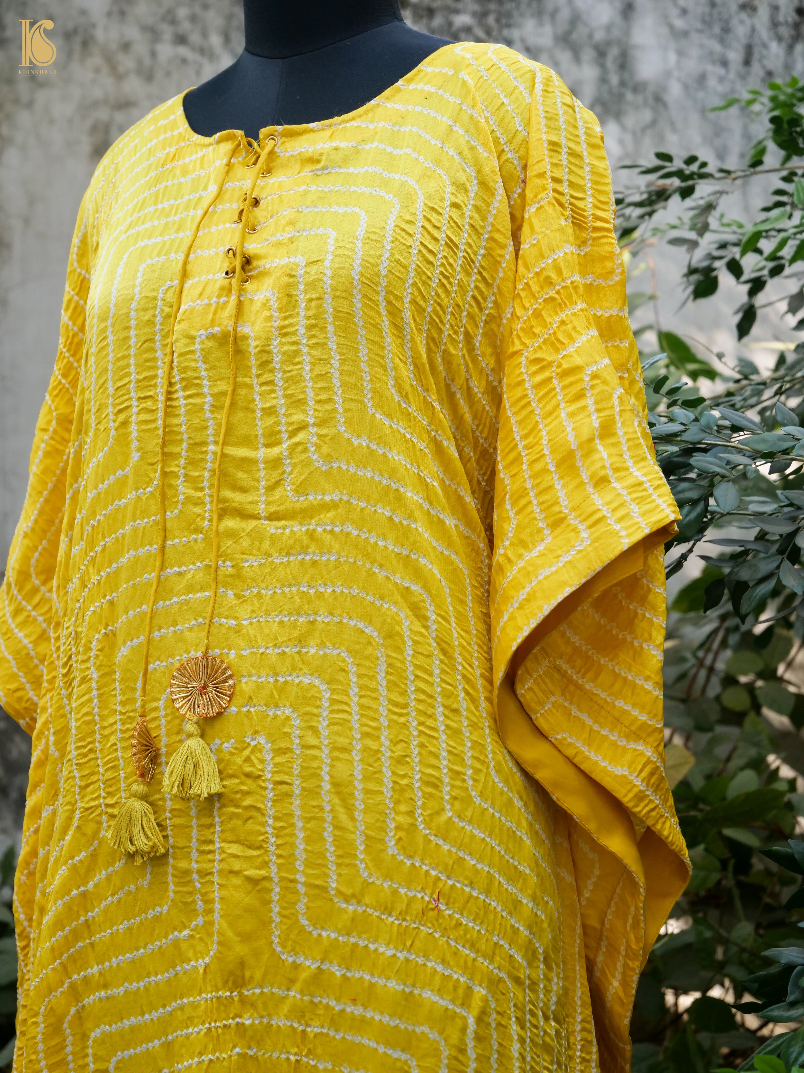 Yellow Pure Gajji Silk Bandhani Stitched Kaftan - Khinkhwab