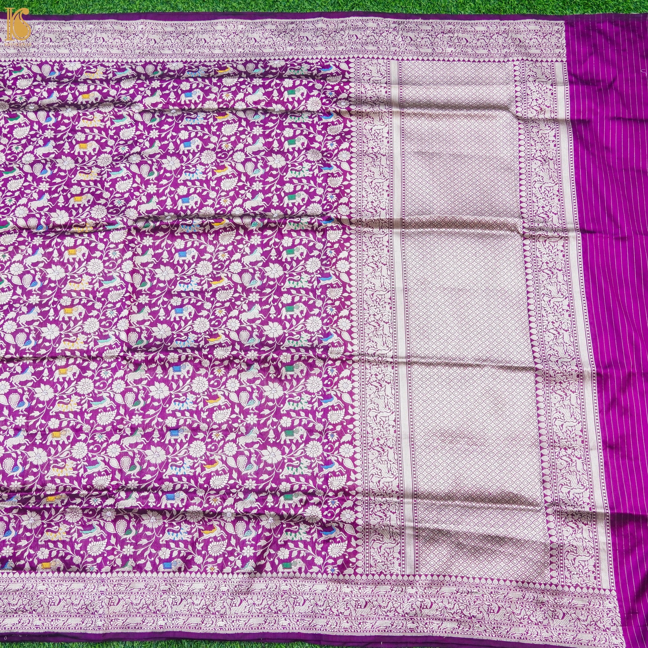 Violet Blue Pure Katan Silk Handwoven Banarasi Shikargah Dupatta - Khinkhwab
