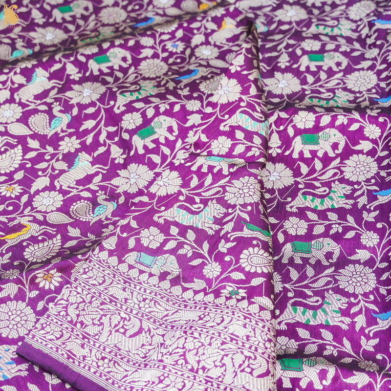 Violet Blue Pure Katan Silk Handwoven Banarasi Shikargah Dupatta - Khinkhwab