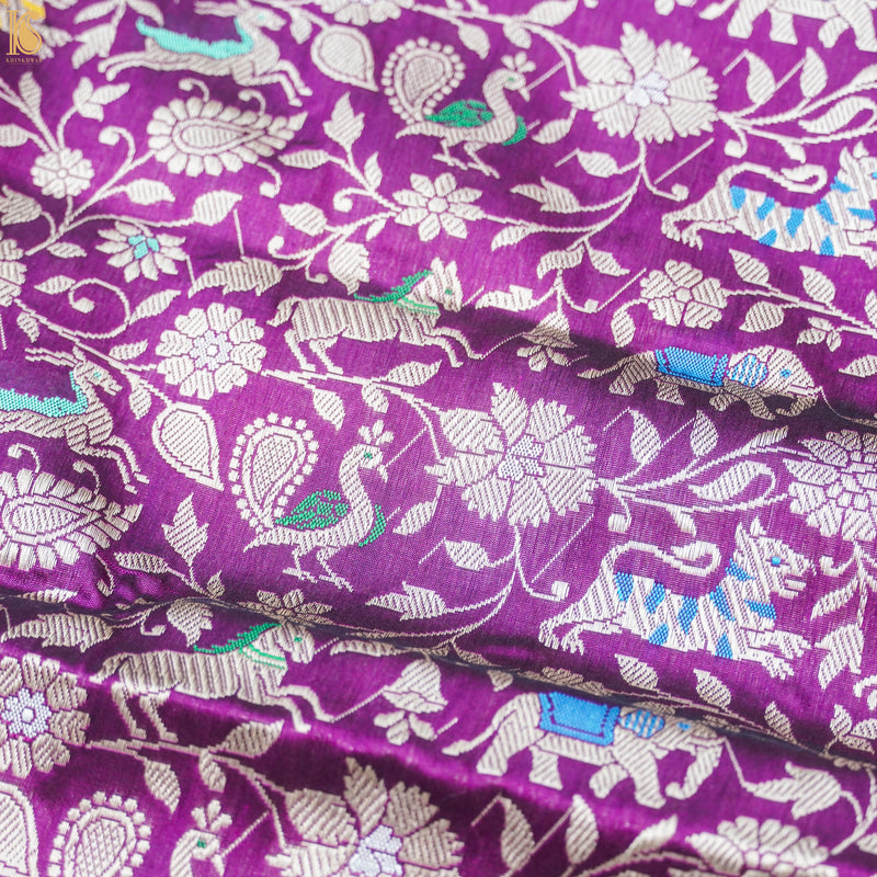Violet Blue Pure Katan Silk Handwoven Banarasi Shikargah Dupatta - Khinkhwab