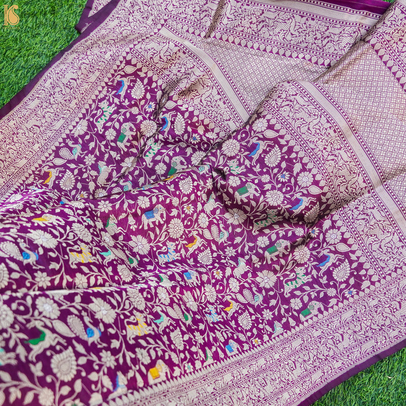 Violet Blue Pure Katan Silk Handwoven Banarasi Shikargah Dupatta - Khinkhwab