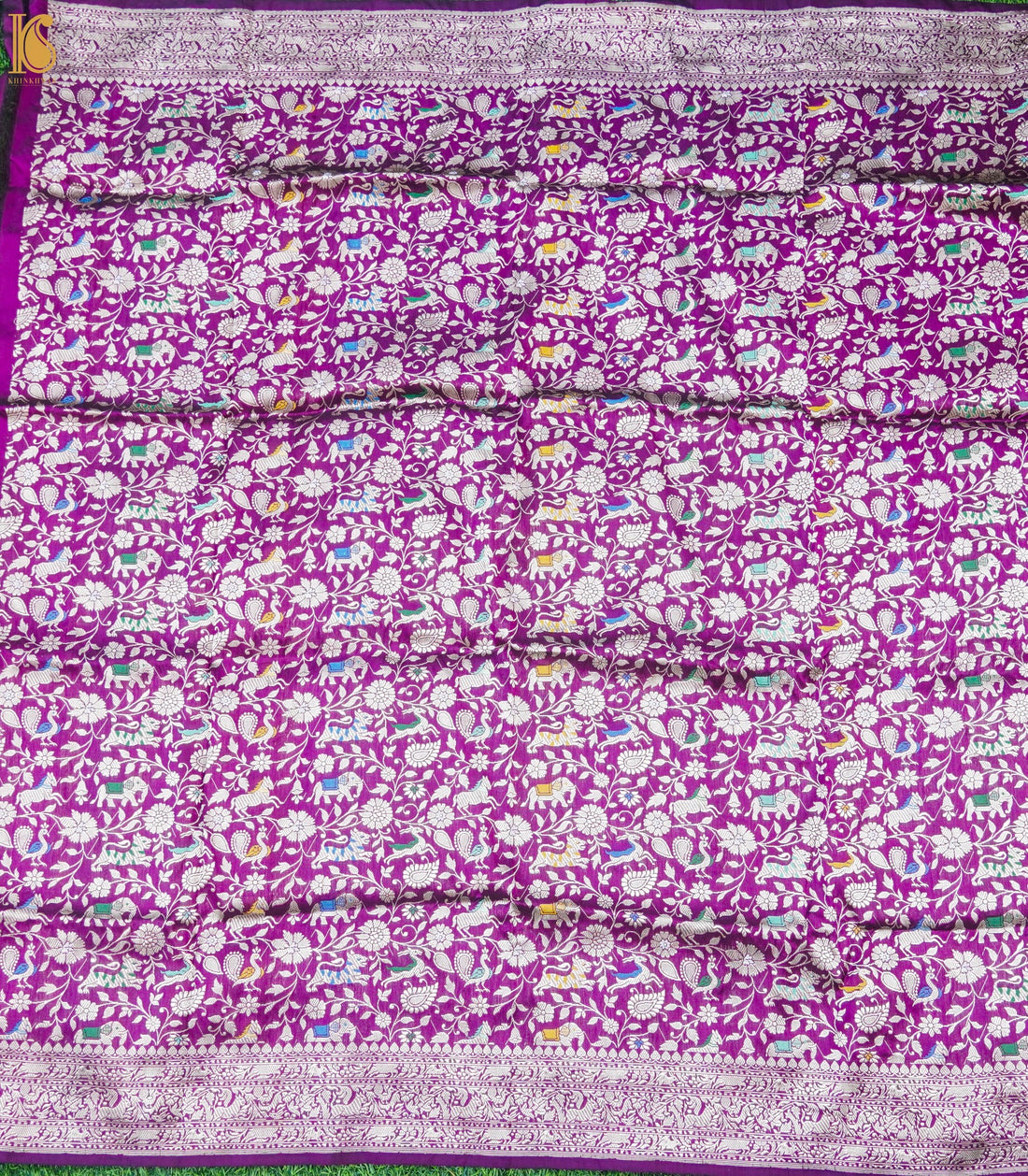 Handwoven Purple Pure Katan Silk Banarasi Shikargah Fabric - Khinkhwab