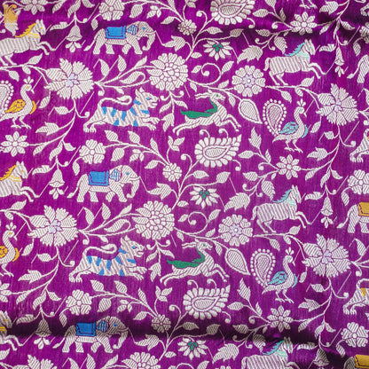 Handwoven Purple Pure Katan Silk Banarasi Shikargah Fabric - Khinkhwab