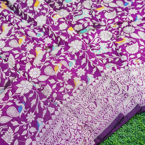 Handwoven Purple Pure Katan Silk Banarasi Shikargah Fabric - Khinkhwab