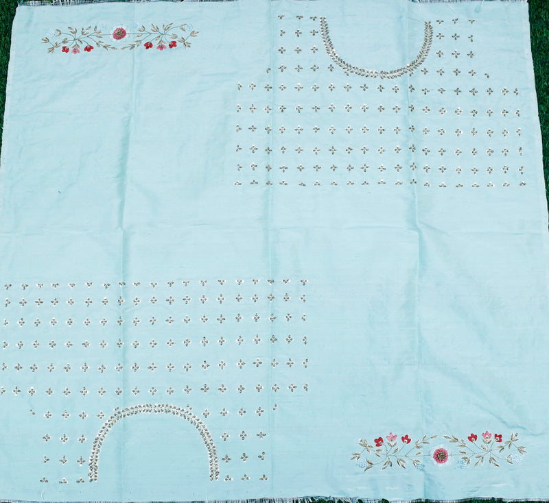 Zardozi and Resham Hand Embroidered Pure Raw Silk Blouse Fabric - Khinkhwab
