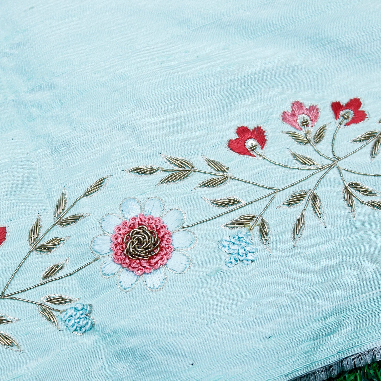 Zardozi and Resham Hand Embroidered Pure Raw Silk Blouse Fabric