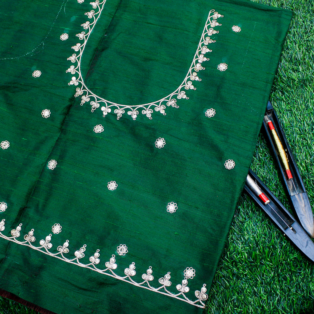 Salem Green Marodi Hand Embroidered Pure Raw Silk Blouse Fabric - Khinkhwab