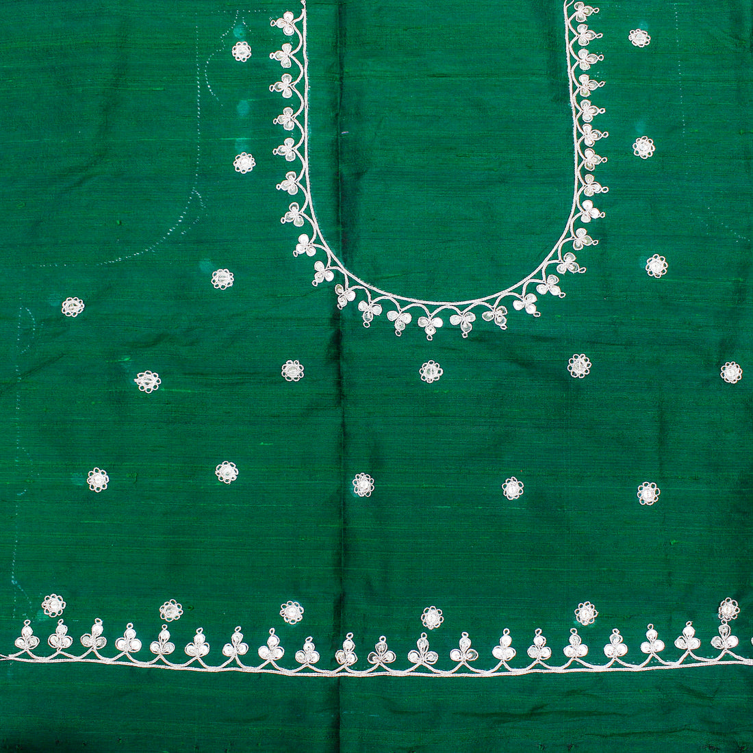 Salem Green Marodi Hand Embroidered Pure Raw Silk Blouse Fabric - Khinkhwab