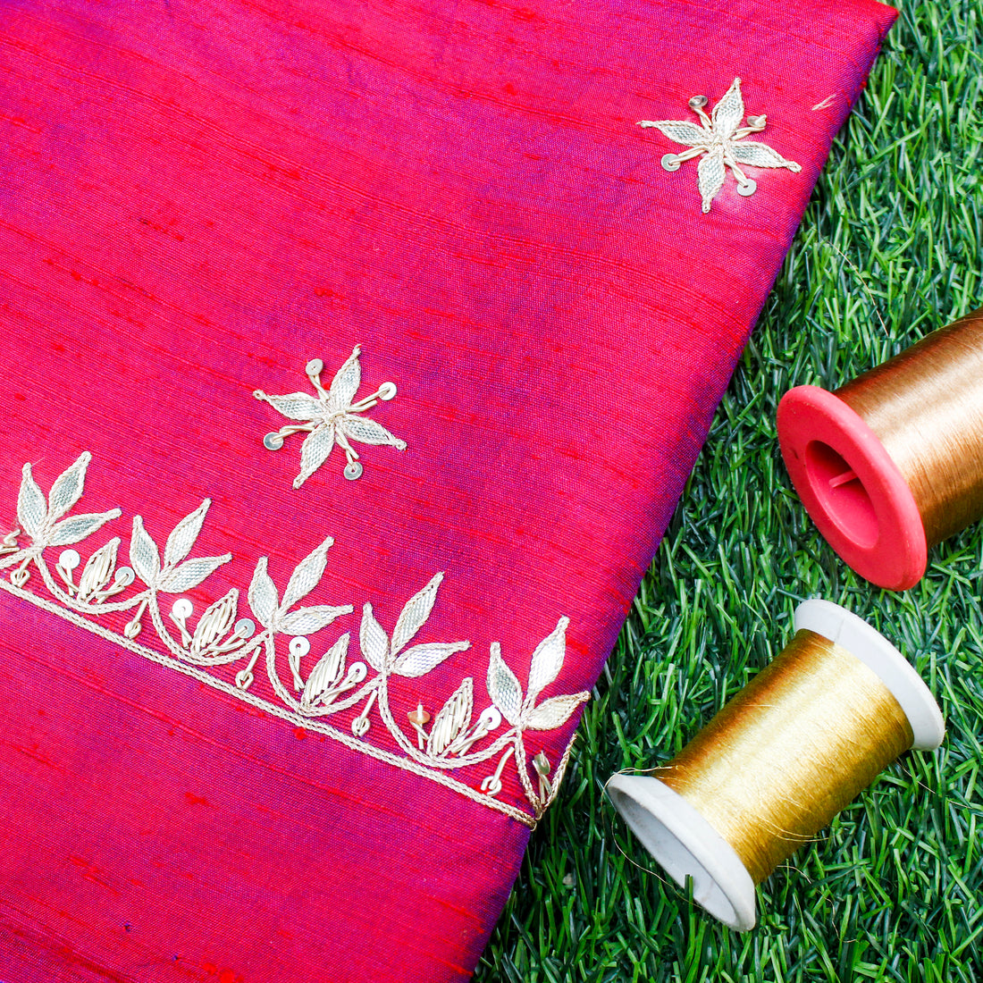 Razzmatazz Pink Gotta Hand Embroidered Pure Raw Silk Blouse Fabric - Khinkhwab