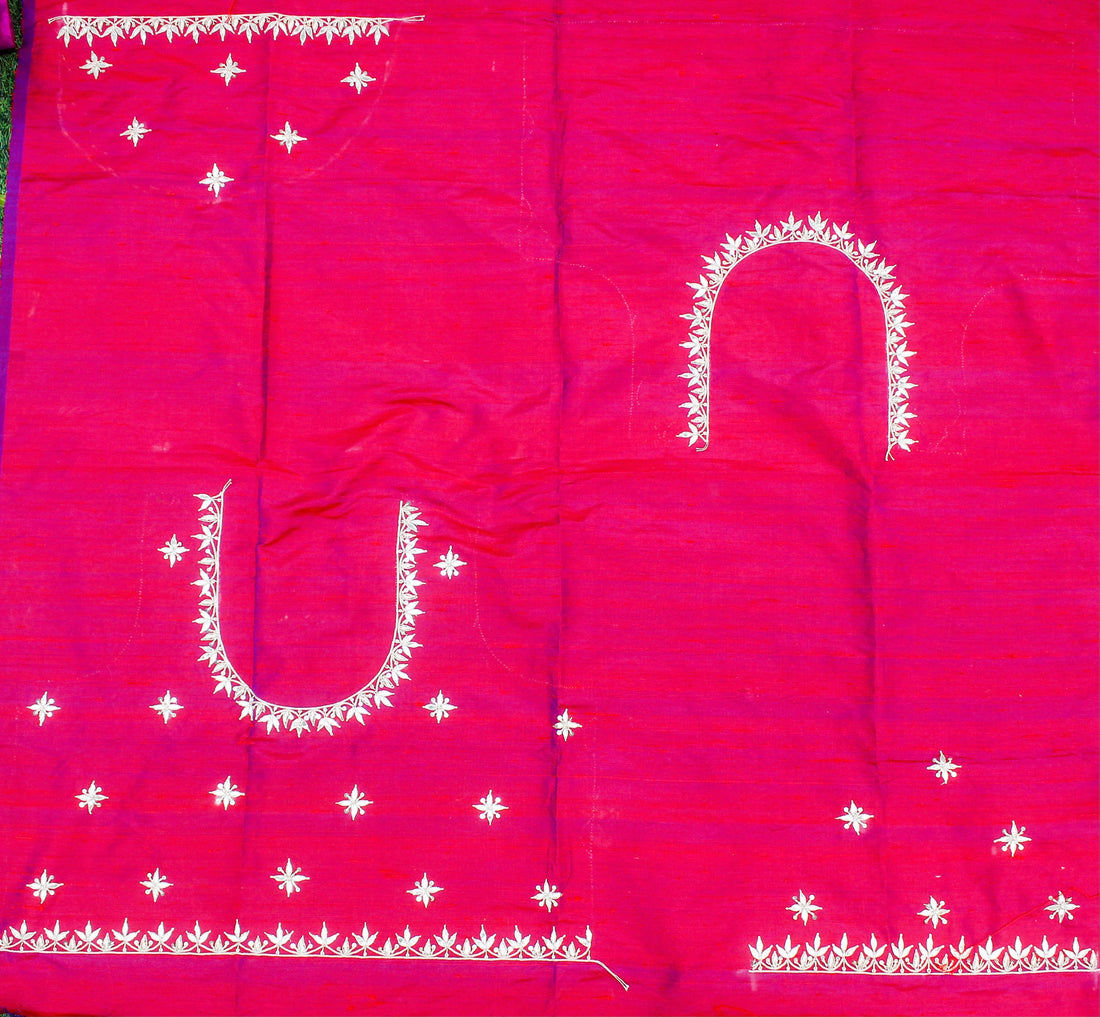 Razzmatazz Pink Gotta Hand Embroidered Pure Raw Silk Blouse Fabric - Khinkhwab