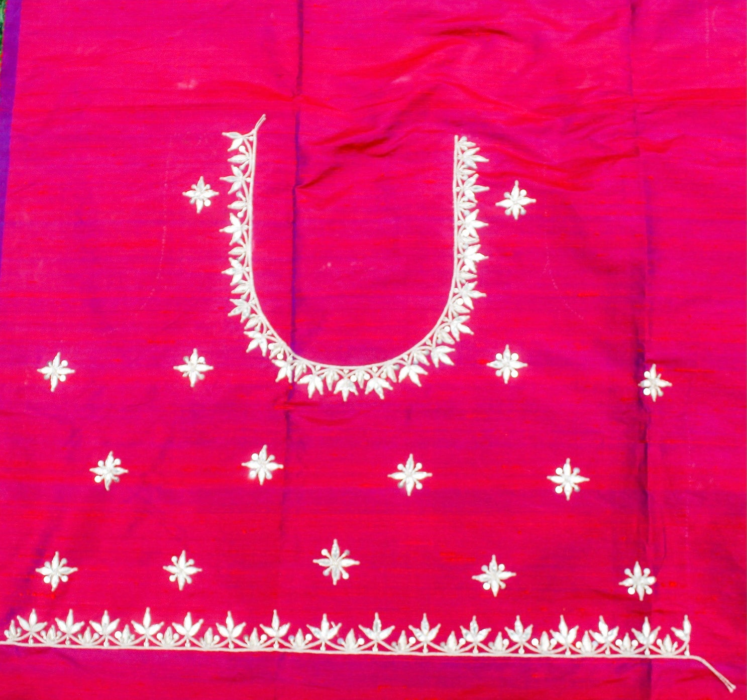 Razzmatazz Pink Gotta Hand Embroidered Pure Raw Silk Blouse Fabric - Khinkhwab