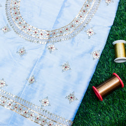 Hawkes Blue Gotta & Marodi Hand Embroidered Pure Raw Silk Blouse Fabric - Khinkhwab