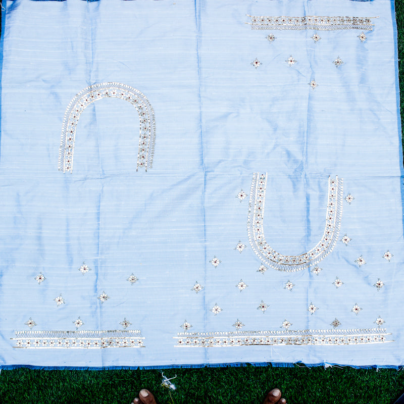 Hawkes Blue Gotta & Marodi Hand Embroidered Pure Raw Silk Blouse Fabric - Khinkhwab