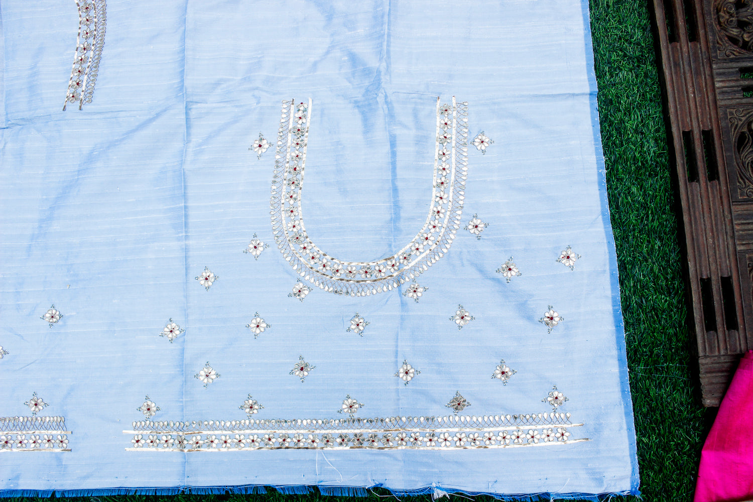 Hawkes Blue Gotta &amp; Marodi Hand Embroidered Pure Raw Silk Blouse Fabric - Khinkhwab