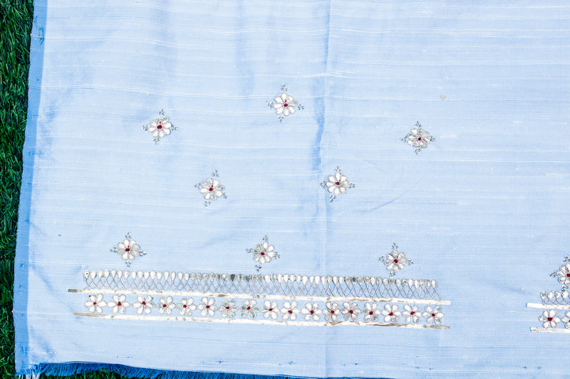 Hawkes Blue Gotta & Marodi Hand Embroidered Pure Raw Silk Blouse Fabric - Khinkhwab
