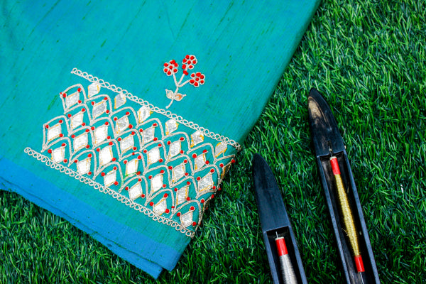 Teal Kachhi Patti & Resham Hand Embroidered Pure Raw Silk Blouse Fabric - Khinkhwab