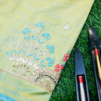 Caper Green Gotta &amp; Zardozi Hand Embroidered Pure Raw Silk Blouse Fabric - Khinkhwab