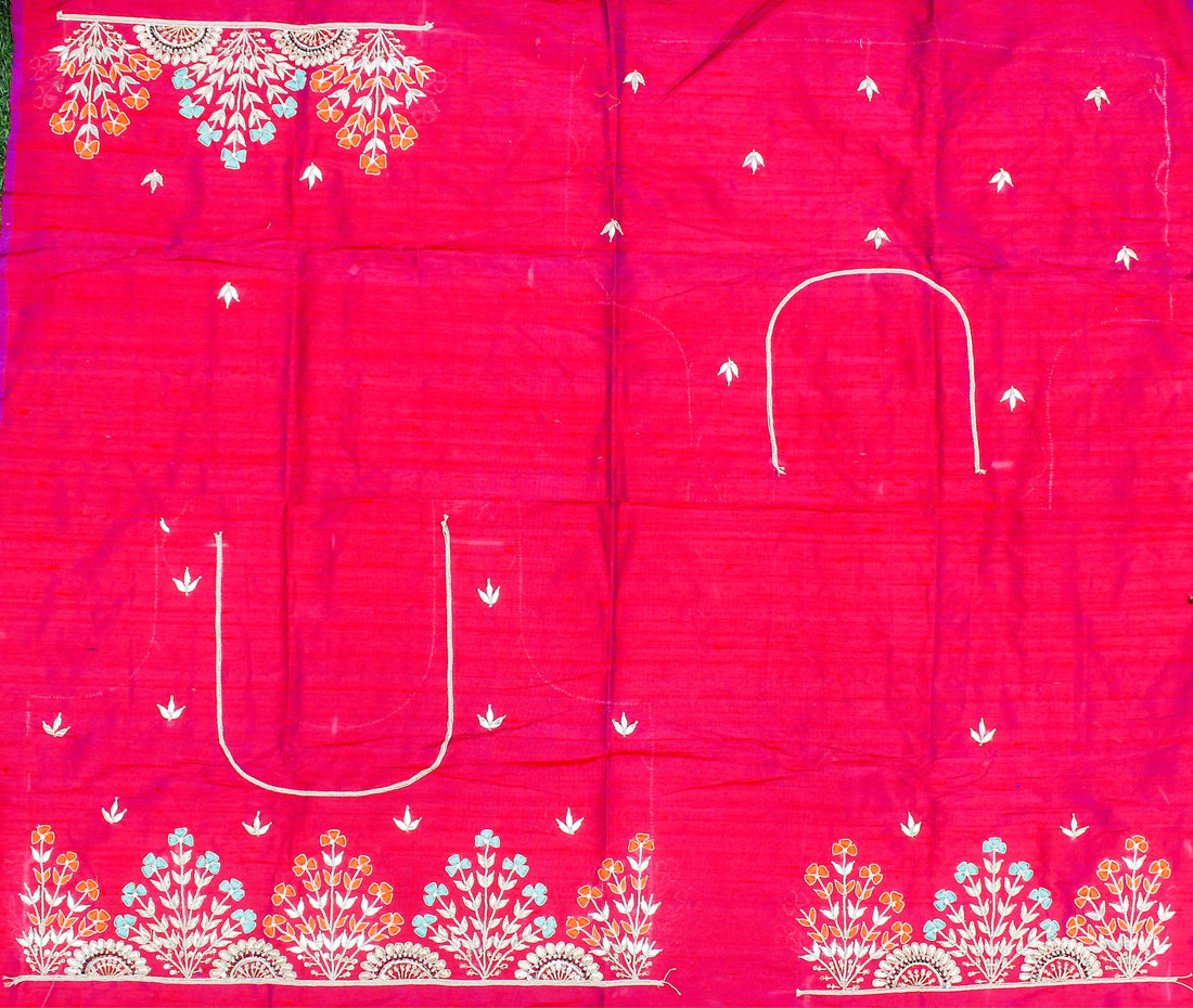 Crimson Red Gotta & Zardozi Hand Embroidered Pure Raw Silk Blouse Fabric - Khinkhwab