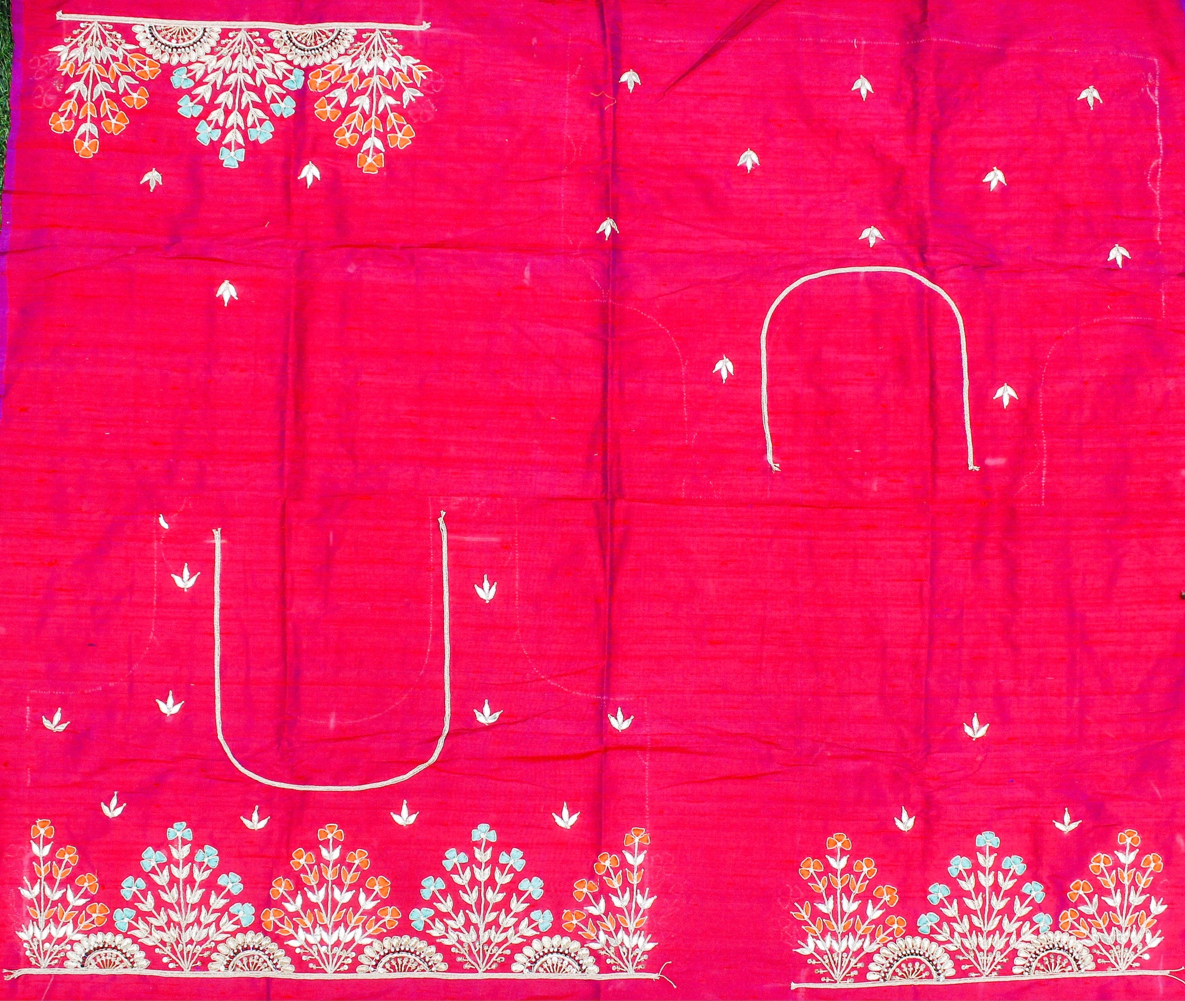 Crimson Red Gotta &amp; Zardozi Hand Embroidered Pure Raw Silk Blouse Fabric - Khinkhwab