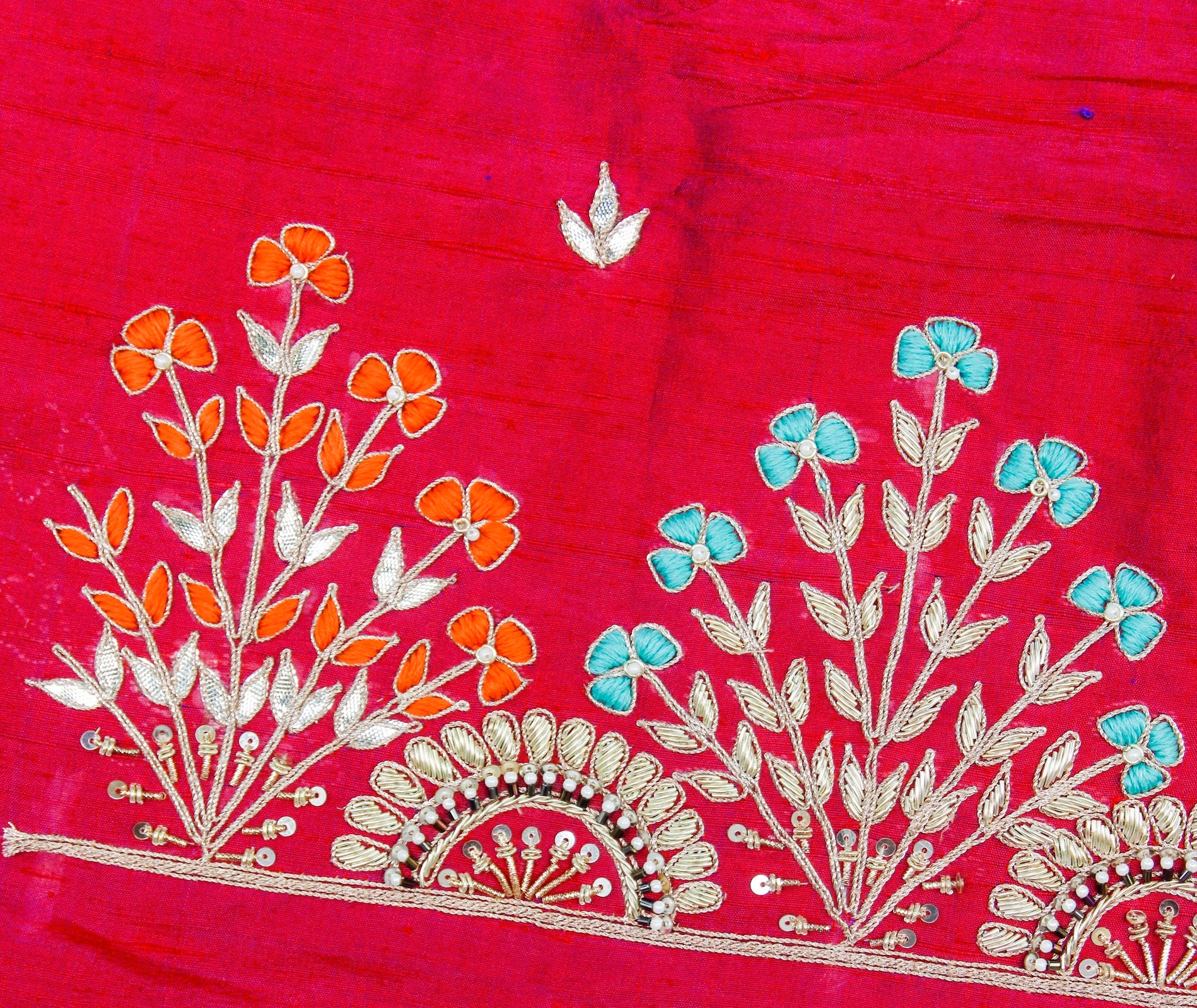 Crimson Red Gotta &amp; Zardozi Hand Embroidered Pure Raw Silk Blouse Fabric - Khinkhwab