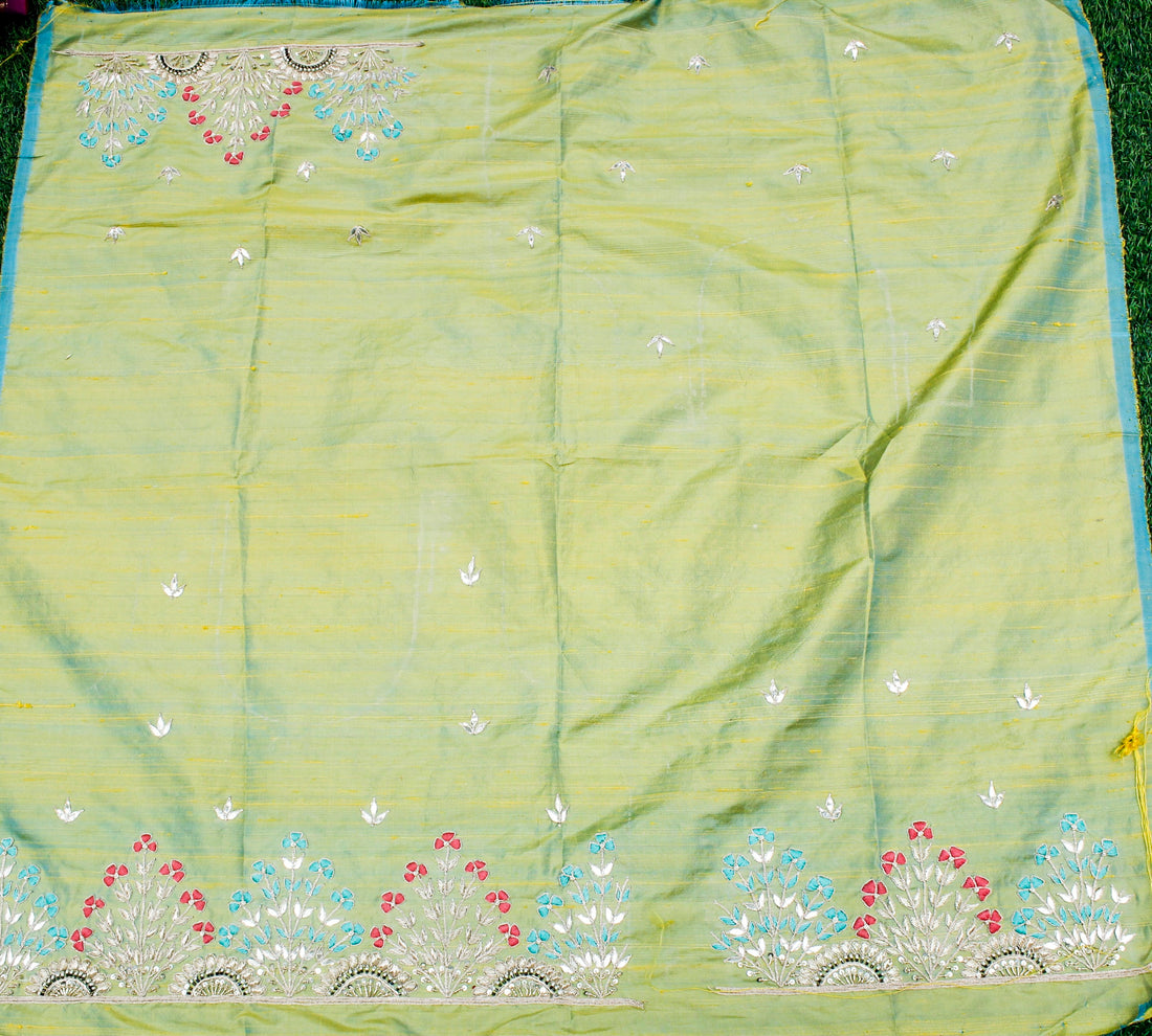 Caper Green Gotta &amp; Zardozi Hand Embroidered Pure Raw Silk Blouse Fabric - Khinkhwab