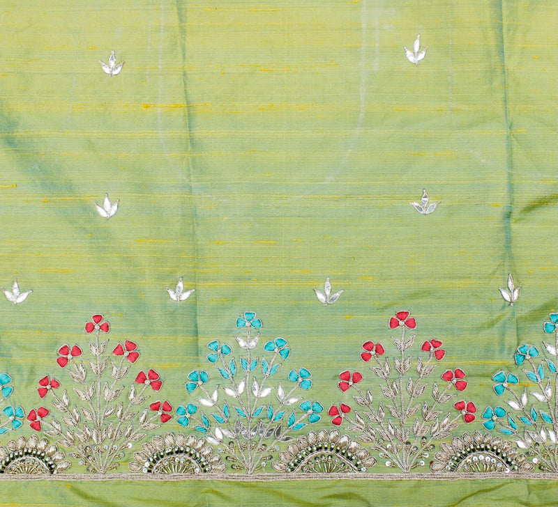 Caper Green Gotta & Zardozi Hand Embroidered Pure Raw Silk Blouse Fabric - Khinkhwab