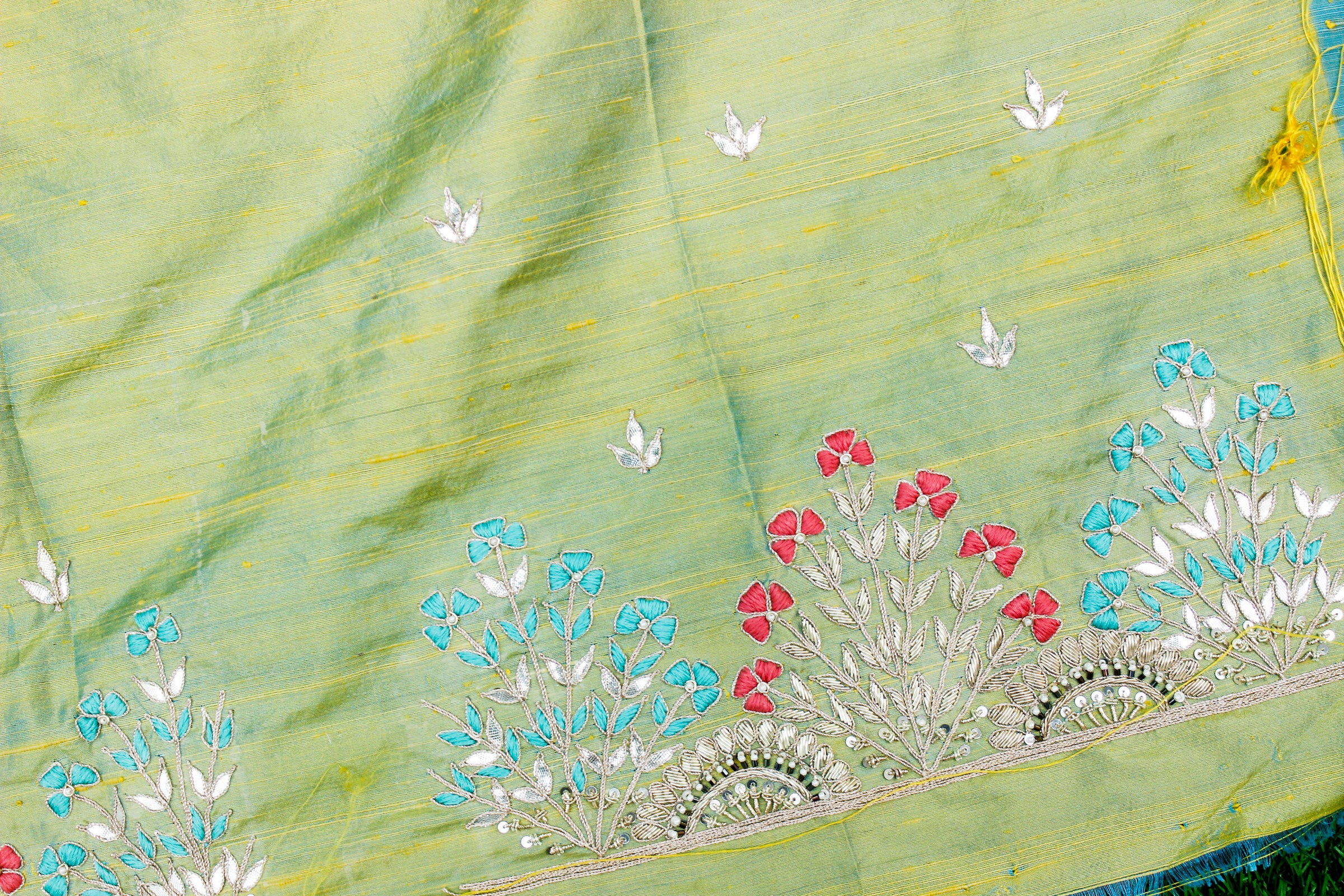 Caper Green Gotta &amp; Zardozi Hand Embroidered Pure Raw Silk Blouse Fabric - Khinkhwab