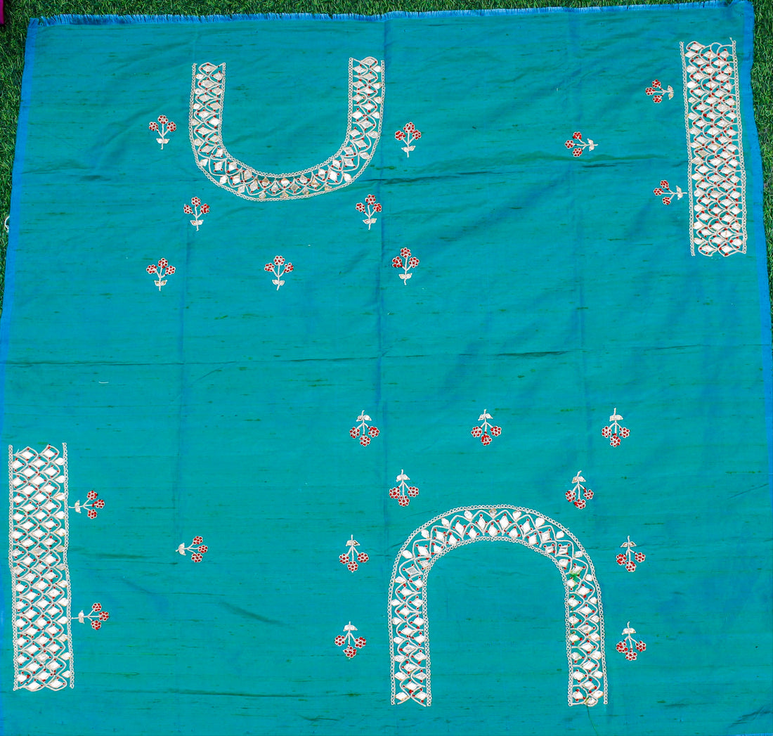 Teal Kachhi Patti & Resham Hand Embroidered Pure Raw Silk Blouse Fabric - Khinkhwab