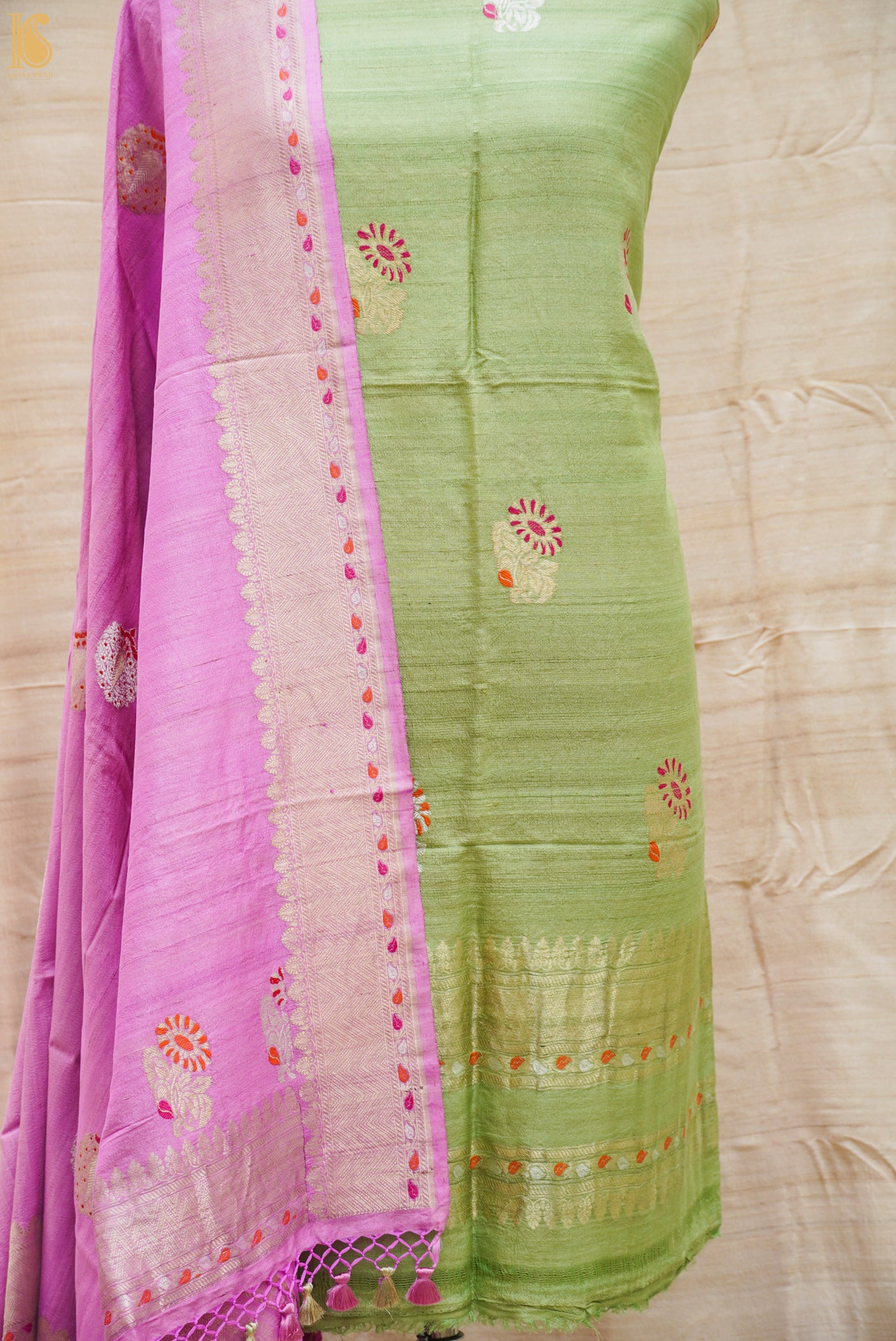 Summer Green Handwoven Pure Tussar Silk Banarasi Suit Set - Khinkhwab