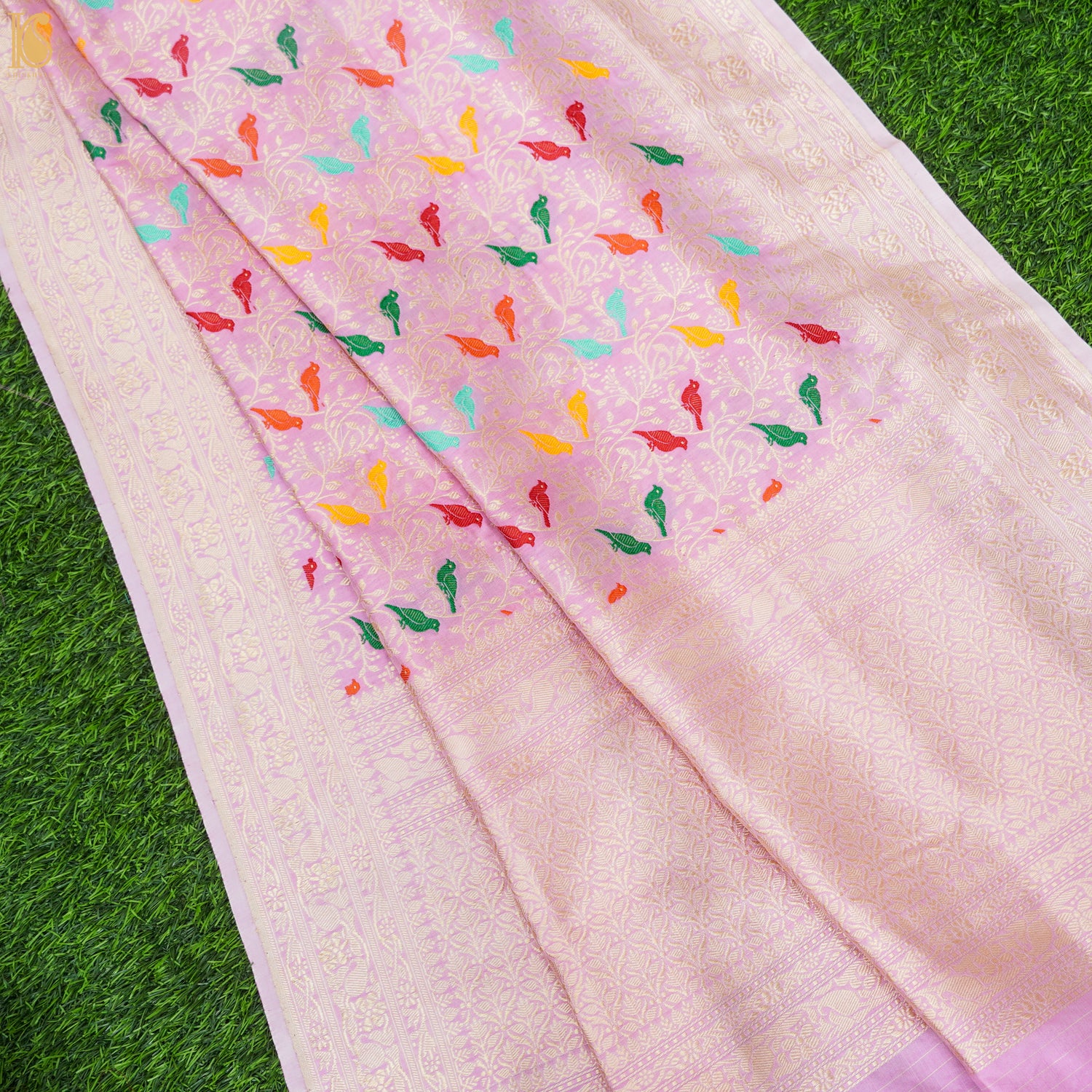 Preorder - Baby Pink Handloom Pure Katan Silk Pink Banarasi Bird Dupatta - Khinkhwab
