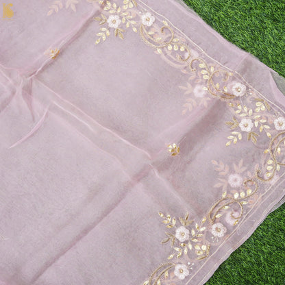 Baby Pink Organza Handloom Embroidered Dupatta - Khinkhwab