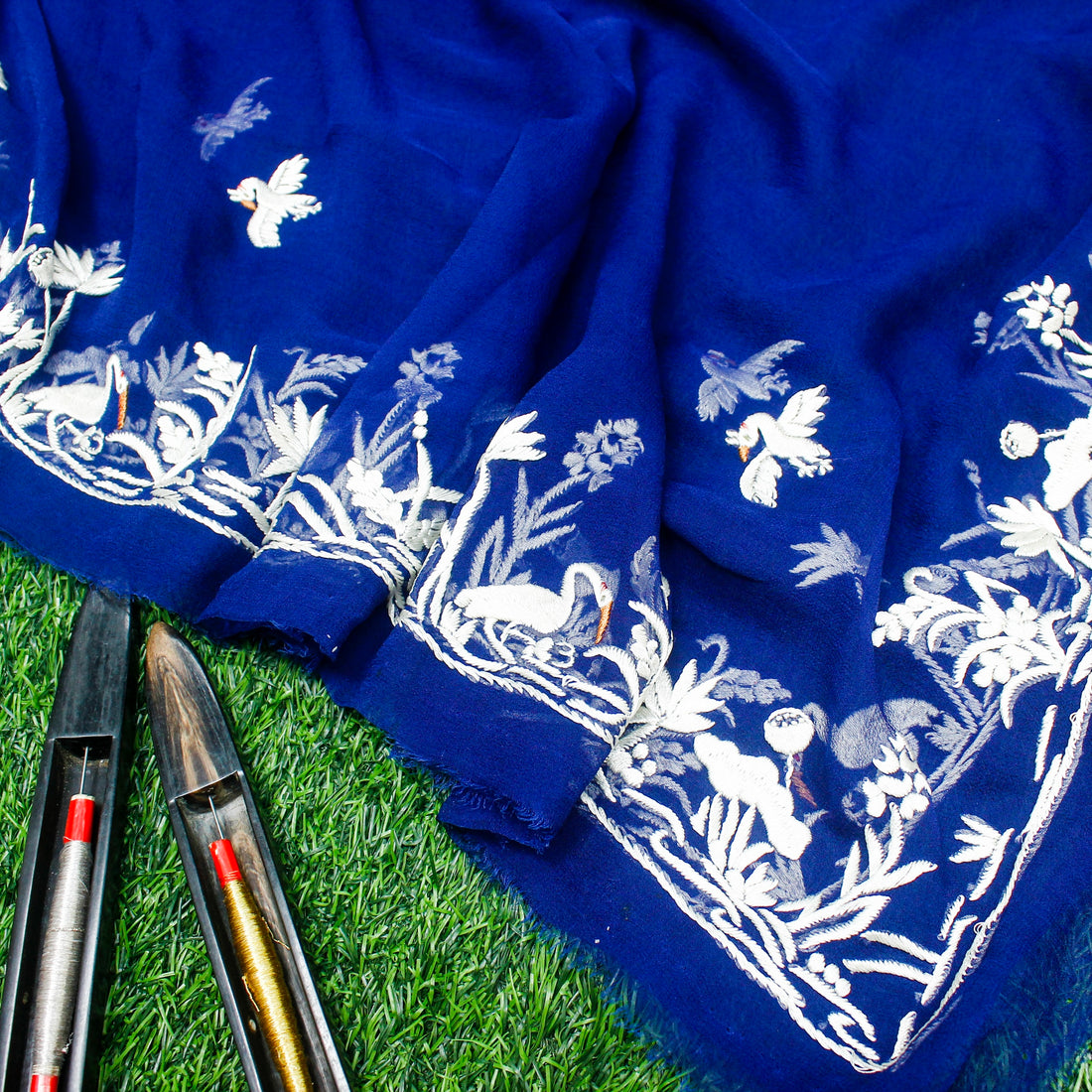 Smalt Blue Handcrafted Parsi Gara Pure Georgette Dupatta - Khinkhwab