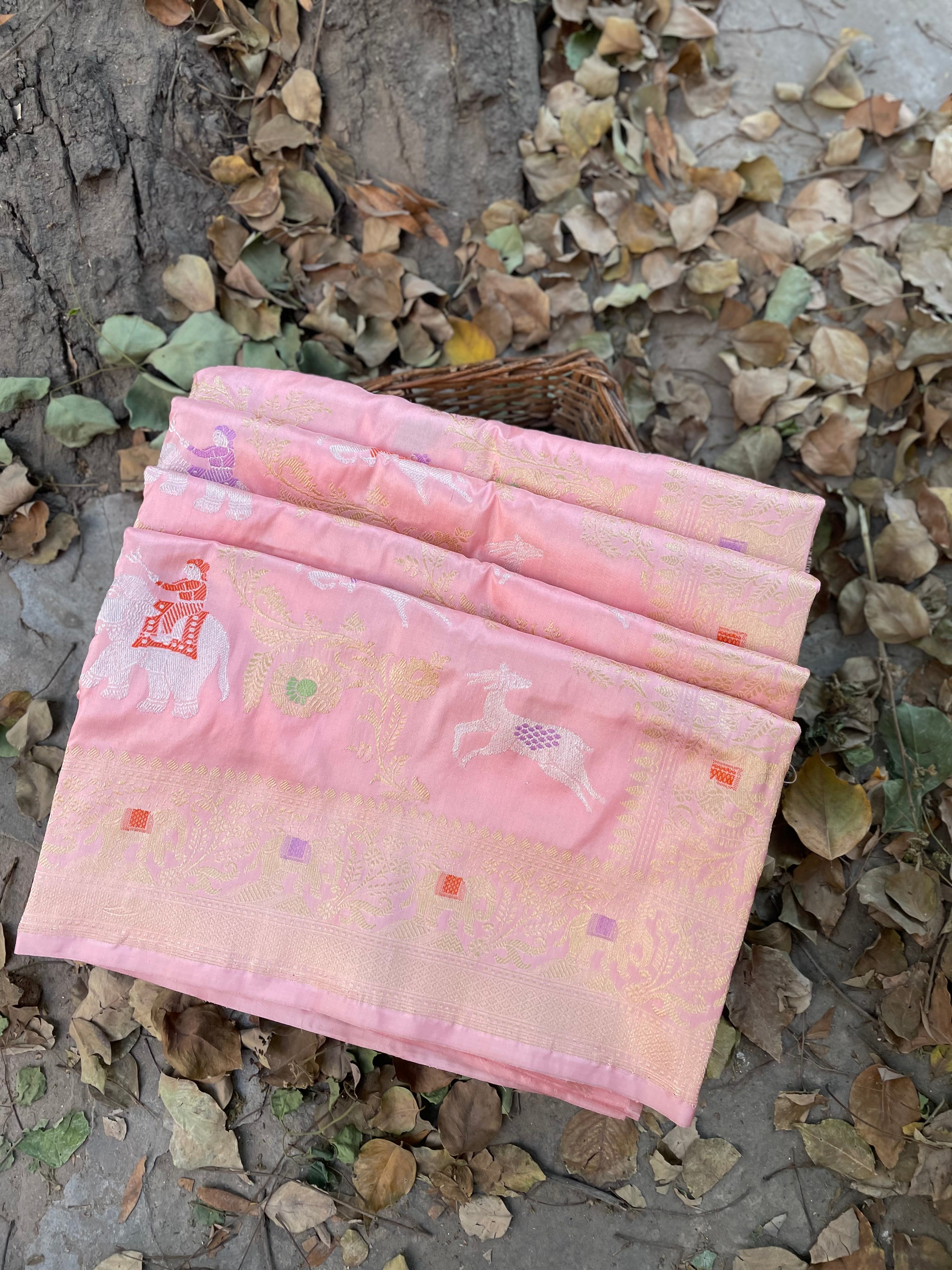 Cupid Pink Handloom Banarasi Pure Katan Silk Kadwa Shikargah Saree - Khinkhwab